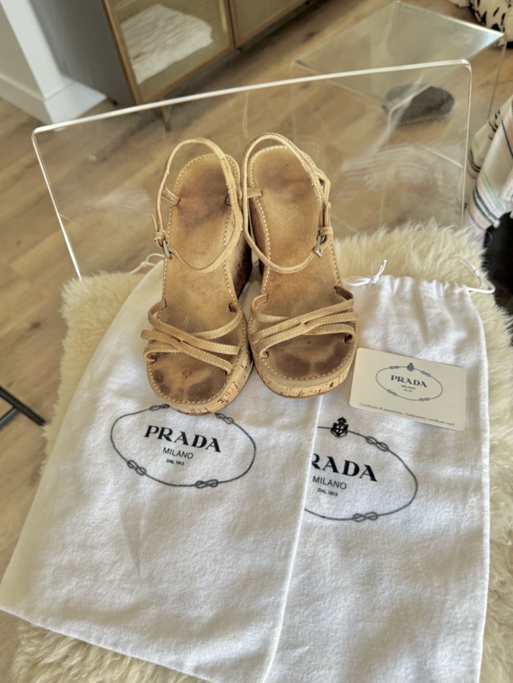 Prada Tan Cork Wedge Sandals